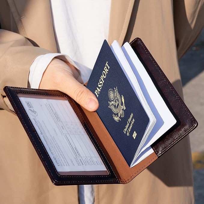 TIGARI Passport Holder for Travel Women Men, PU Leather Passport Wallet Cover Case Sleeve, Waterproof Protected Document Organizer, Family Vacation Plane Cruise Travel Essentials-Black brown