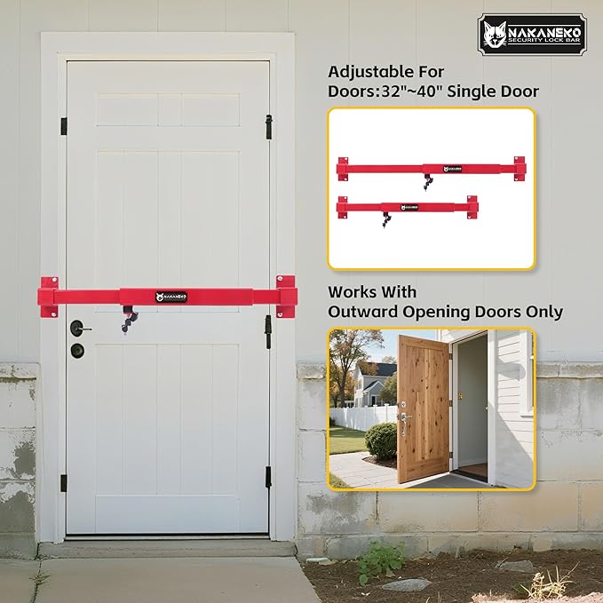 Door Security Bar-by NAKANEKO The Entire Width of Your Outward Opening Front Door-Safe Jobsite Office bar. 2500 pounds of Resistance Fits Doors 33"-40" Wide.(Keyed Differently)