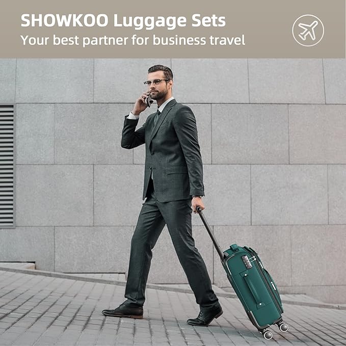 SHOWKOO Luggage Sets 3 Piece Softside Expandable Lightweight Durable Suitcase Sets Double Spinner Wheels TSA Lock Dark Green (20in/24in/28in)