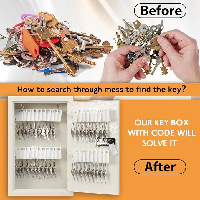 KYODOLED Key Storage Lock Box with Code, 40 Key Holder Wall Mount Cabinet with Combination Lock, Key Hooks & Tags Labels, 2.5" D x 8.1" W x 12.1" H, White