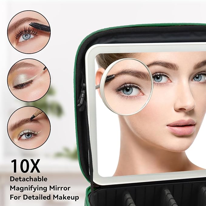 Travel Makeup Bag with LED Mirror and 10x magnifying glass with 3 Lighted Settings, Adjustable Dividers and Makeup Brush Storage Bag Dark Green