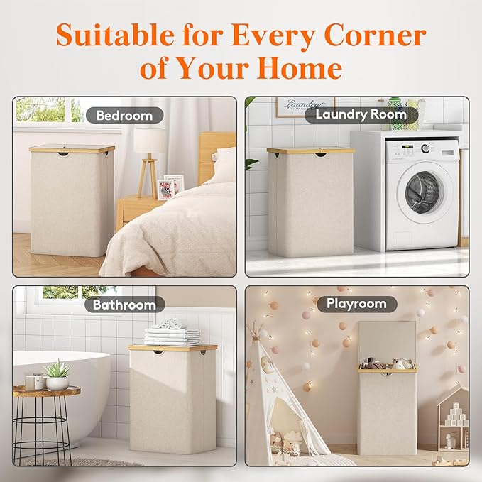 Lifewit 160L Double Laundry Hamper with Lid, Extra Large Bamboo Laundry Basket Dirty Clothes Hamper, 2 Section Laundry Bin Organizer for Laundry Room Bedroom with 2 Removable Liners & Bags, Beige