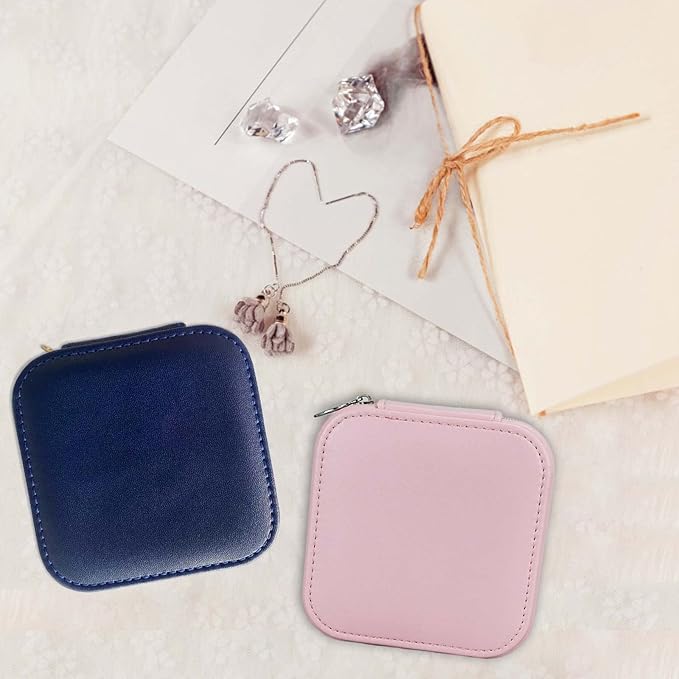 【2 Pack】 PU Leather Travel Small Portable Mini Travel Jewelry Organizer for Rings Necklaces Earrings and Lipstick Color Blue and Pink