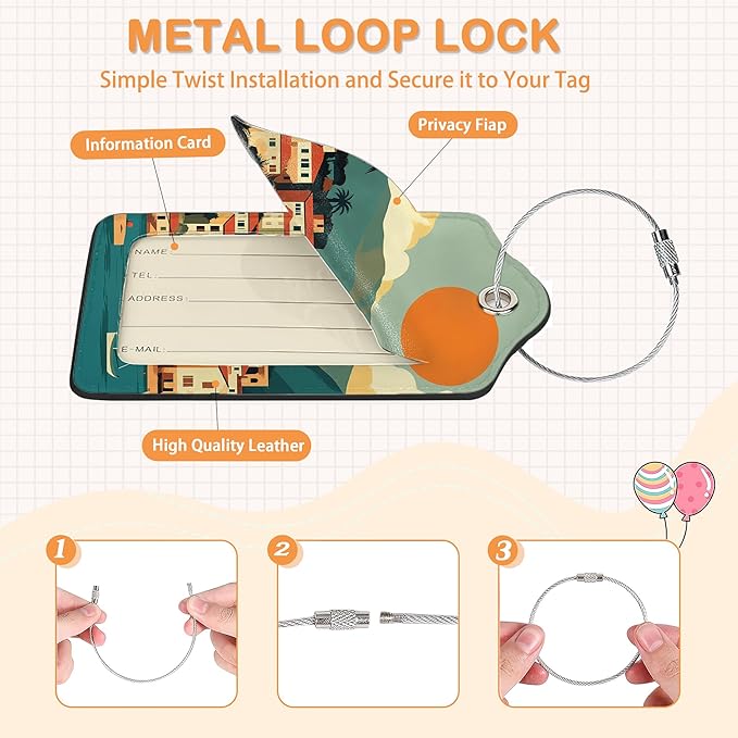 Retro Seaside Village 3 PCS PU Leather Luggage Tags for Suitcase, Sunset Luggage Tag with Privacy Flap, Name ID Label and Metal Loop for Women Men Baggage Handbag School Bag Backpack