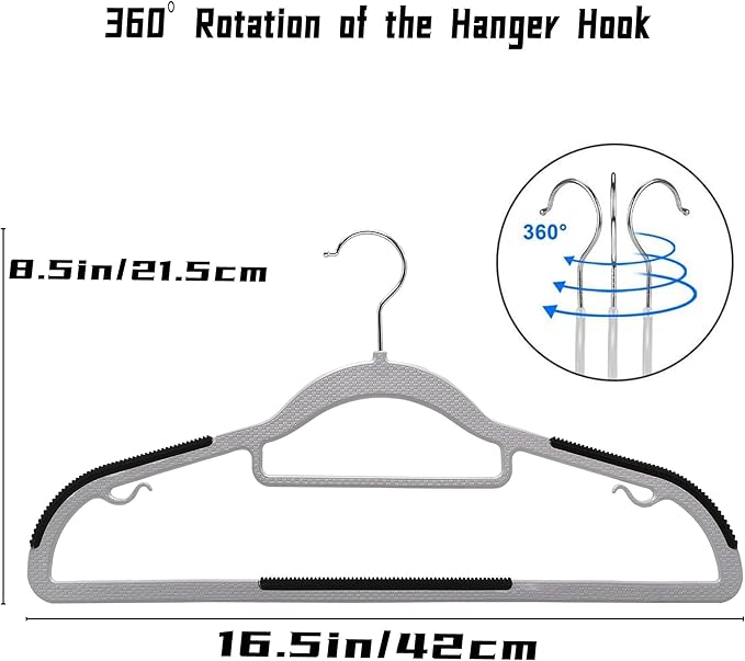 50 Pack Plastic Clothes Hangers Non Slip - 16.5 Inch Slim Space Saving Hangers for Closet, Heavy Duty Non-Slip Garment Hangers with 360° Swivel Hooks