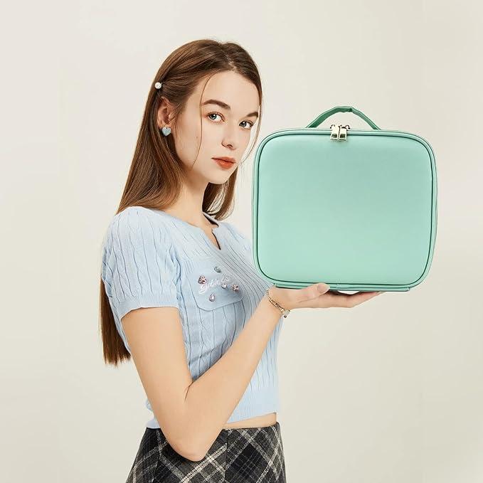 Travel Makeup Bag with LED Lighted Mirror, Travel Makeup Organizer,3 Color Setting Cosmetic Makeup Box, Adjustable Dividers and Brush Holder（light green）