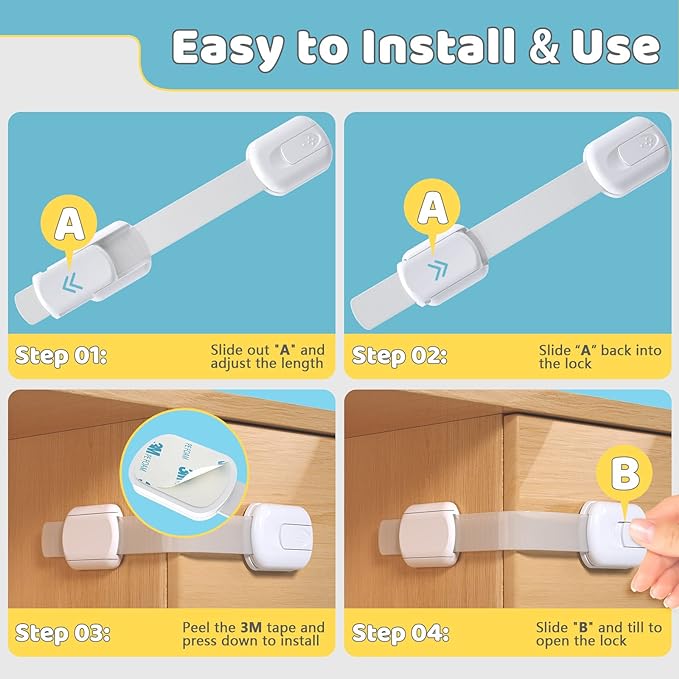 4our Kiddies 10 Pack Baby Proof Cabinet Latches, Childproof Drawer Latches with 6 Extra 3M Adhesives, Adjustable Child Safety Cabinet Strap Locks, Baby Drawer Locks for Kids and Child Safety