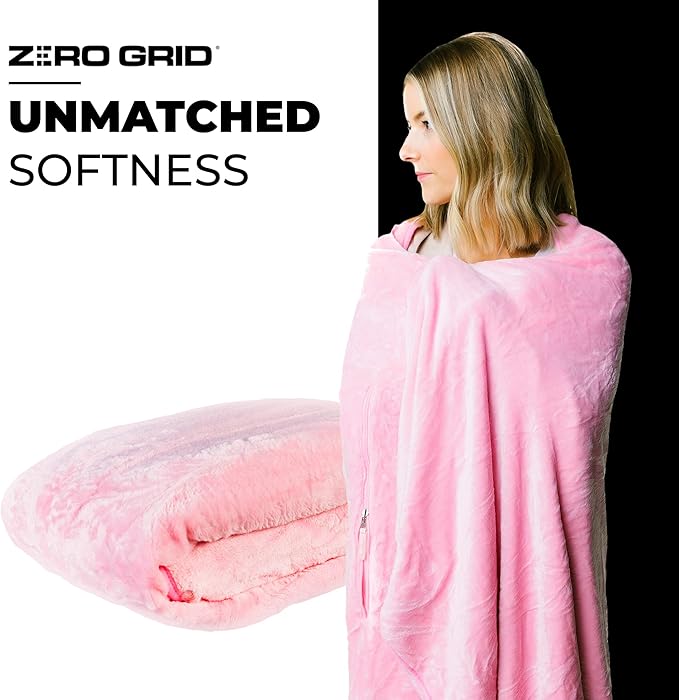 Lightweight Travel Blanket - Premium & Compact Airplane Wearable Blanket with Neck Snaps, Cozy Foot Pockets, Zipper Pouch - Converts into Soft Pillow - Designed for Ultimate Comfort - Rose