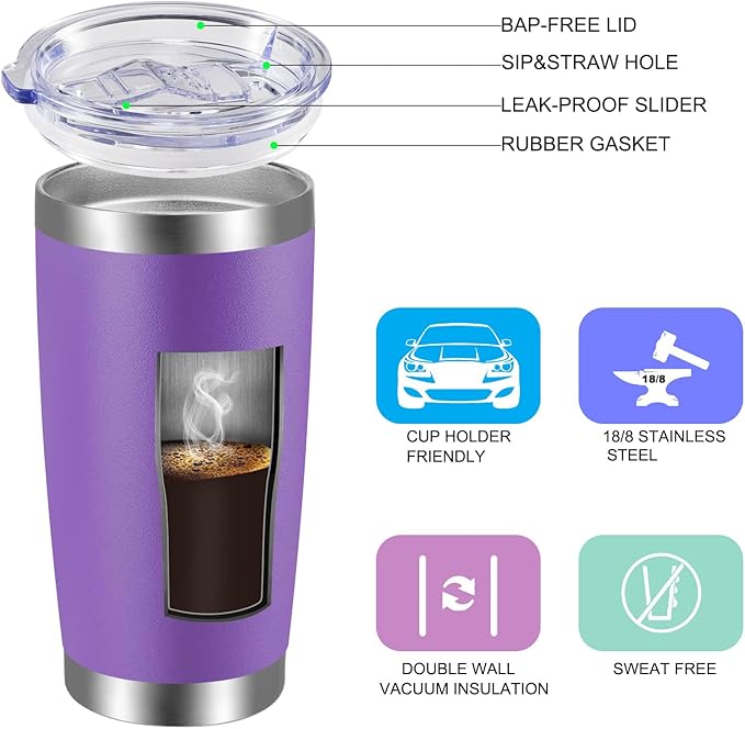 VEGOND 20oz Tumbler with Lid and Straw Stainless Steel Tumbler Cup Bulk Vacuum Insulated Double Wall Travel Coffee Mug Powder Coated Coffee Cup(Purple 12 Pack)