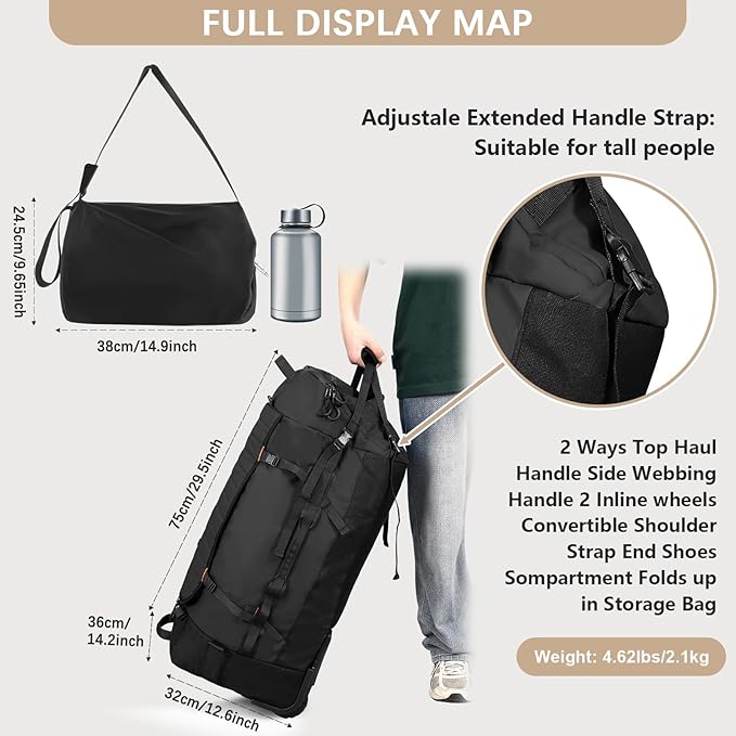 Rolling Duffle Bag with Wheels,86L 30”Folding Duffle Backpack with 2 Wheels,Travel Bag with Separate Shoe Compartment,Black