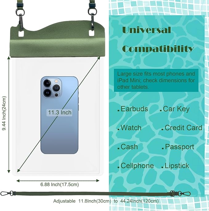 Large Watperproof Pouch 2 Pack [Up to 11.3"], IPX8 Waterproof Cell Phone Case Dry Bag Pouch Compatible with iPhone 14 13 12 Pro Max, Galaxy S23 Ultra S22 or iPad mini, Army Green+Yellow