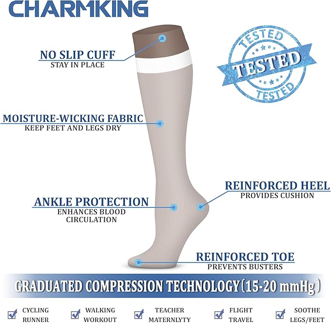 CHARMKING Compression Socks for Women & Men Circulation (3 Pairs) 15-20 mmHg is Best Support for Athletic Running Cycling