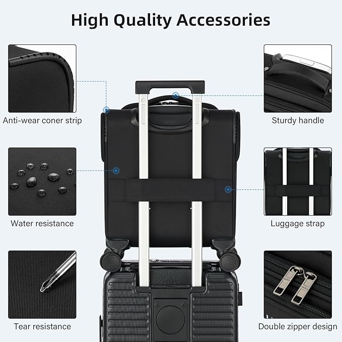 16 Inch Underseat Carry On Luggage with Wheels Softside Small Suitcases Personal Item Bag with Pocket Travel Luggage for Men Women Business Overnight Bag(Black)