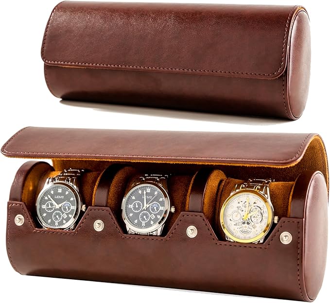 MR.OKAY 3 Watch Travel Case- Classic Leather Watch Case With Perfect Texture.Portable Watch Roll Or Organizer For Storage And Display. Luxury Gifts For Men, All Handmade by Artisans.