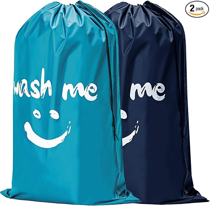 HOMEST 2 Pack XL Wash Me Travel Laundry Bag, Dirty Garments Organizer, Large Enough to Hold 4 Loads of Clothes, Easy Fit a Hamper or Clothing Basket, Azure and Blue