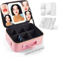 Mid-Size Makeup Bag with LED 1X5X10X20X30X Magnifying Mirror and Travel Makeup Train Case Cosmetic Organiser with Mirror and Separate Makeup Brush Panel, Portable Adjustable Divider, Pink