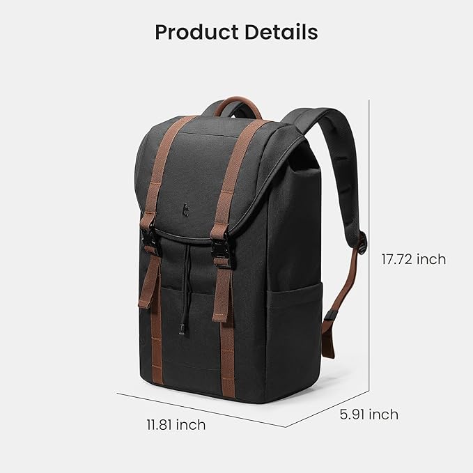 tomtoc Flap Laptop Backpack, Lightweight, Water-Resistant Casual Daypack, Durable Work-pack, Vintage Classic Rucksack for 13-15.6 Inch Laptop, perfect for Campus, Street, 22L Black
