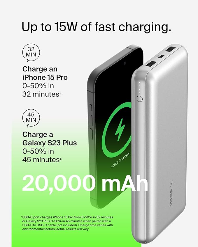 Belkin Portable Charger, USB-C Power Bank 20000 mAh w/ 1xUSB-C Port & 2xUSB-A Ports, 15W w/Type-C to Type-A Cable for iPhone 16, Samsung Galaxy S25, Nintendo Switch 2, Google Pixel 10, etc. - Silver