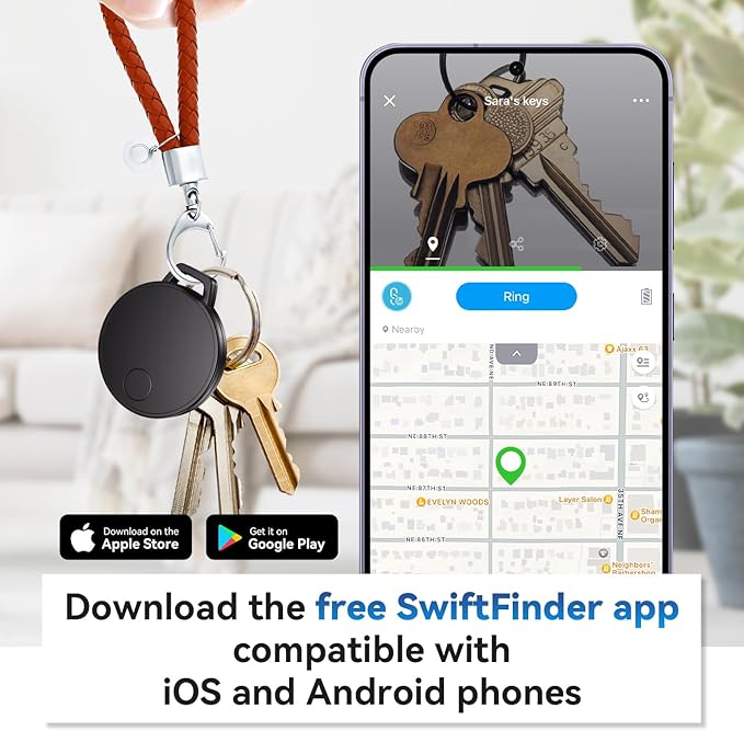Keys Finder, Bluetooth Tracker and Item Locator for Keys, Bags, and More; Android and iOS Compatible, Phone Finder, Water Resistance, Replaceable Battery, 4-Pack