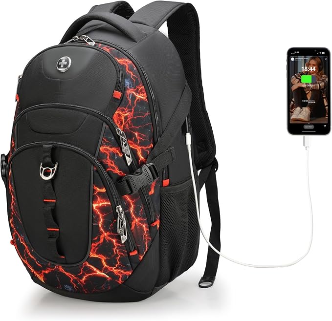 Swissdigital Laptop Backpack with USB Charging Port, Travel Backpack Fits 15.6 inches Computer, 31L Backpack for Men, Flame Red | SD803