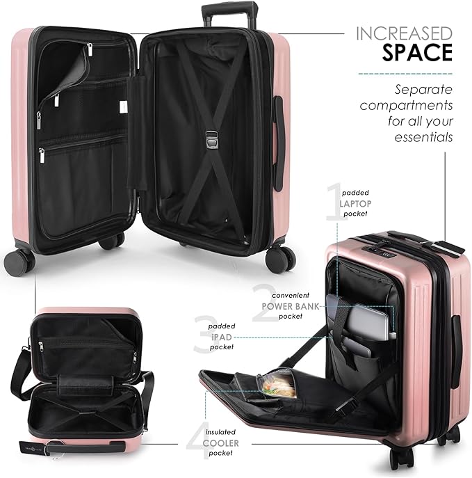 22 Inch Carry On Luggage 22x14x9 Airline Approved, Carry On Suitcase with Wheels, Hard-shell Carry-on Luggage, Durable Luggage Carry-On, Pink Small Suitcase with Cosmetic Case