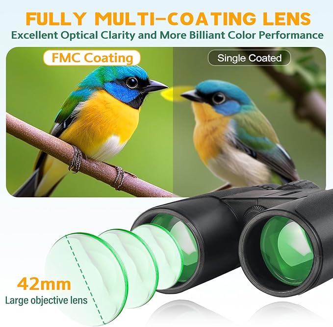 Binoculars for Adults High Powered – 12X42 HD Compact Binoculars for Bird Watching, Hunting Gear, Cruise & Beach Vacations Essential, Camping & Travel Essential Accessories (Black)