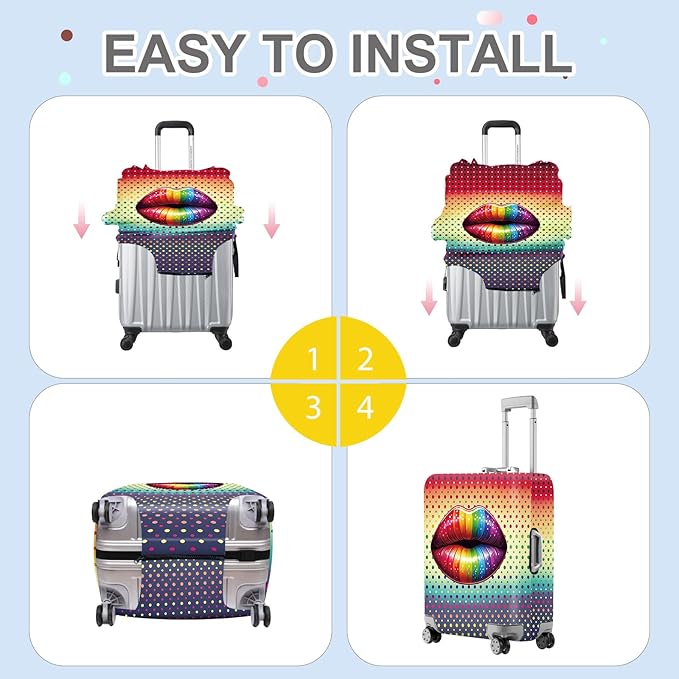 ANNA QUEEN Pop Art Rainbow Lips Luggage Cover, Colorful Suitcase Protector with Bold Lip Design, Stretchable, Washable Travel Cover for 24-26 Inch Luggage, Fun & Fashionable Style