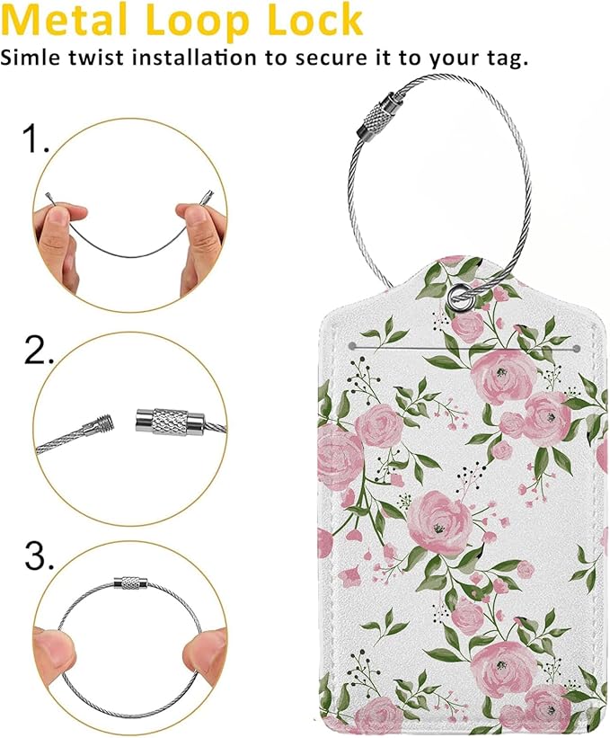 Watercolor Floral 2-Pack Luggage Tags for Suitcases,Leather Baggage Tag with Loop, Tags Private Name ID Labels for Women Girl Men Boys Travel Baggage Suitcase