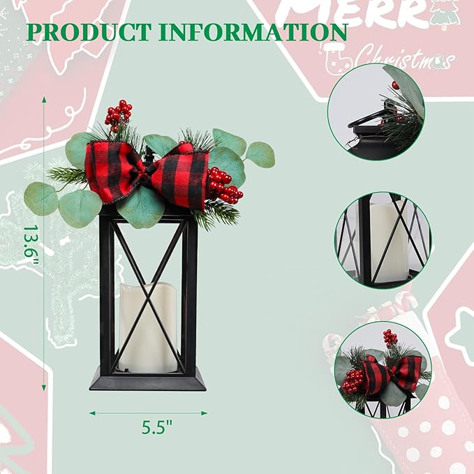 Christmas Outdoor Decor Lanterns 2 Pack, 11" Waterproof Battery Powered LED Hanging Lanterns with Flamessless Candle for Tabletop, Front Porch, Entrance, Indoor, Gift for Women