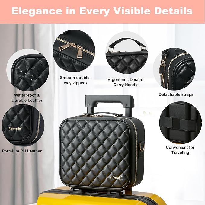 Mocado Travel Makeup Bag with LED Lighted Mirror,Travel Makeup Organizer, Makeup Case with 8 Makeup Brushes and 10x Magnifying Mirror, 3 Color Lighting, Adjustable Divider Makeup Box(Black Lozenge)