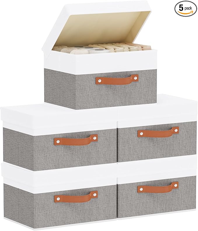 Fabric Storage Boxes with Lids, Linen Foldable Cloth Baskets, Closet Organizer Containers with Double Handles, Sweater Bins for Bedroom, White and Grey, 5 Pack, 13 x 9.1 x 7.9 Inch