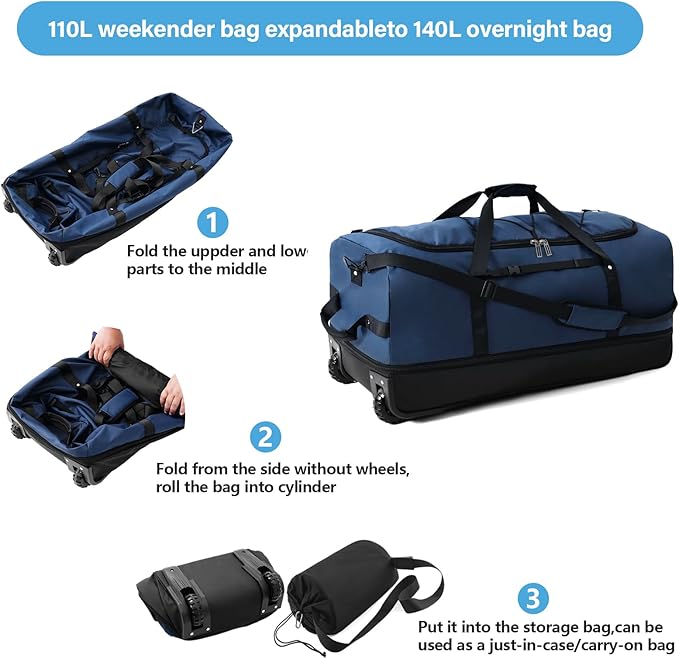 Vomgomfom Wheeled Collapsible Duffel Bag,110L-140L Expandable Checked Luggage, No-Telescopic-Handle with Anti-Burst Zipper & Reinforced Frame,Navy