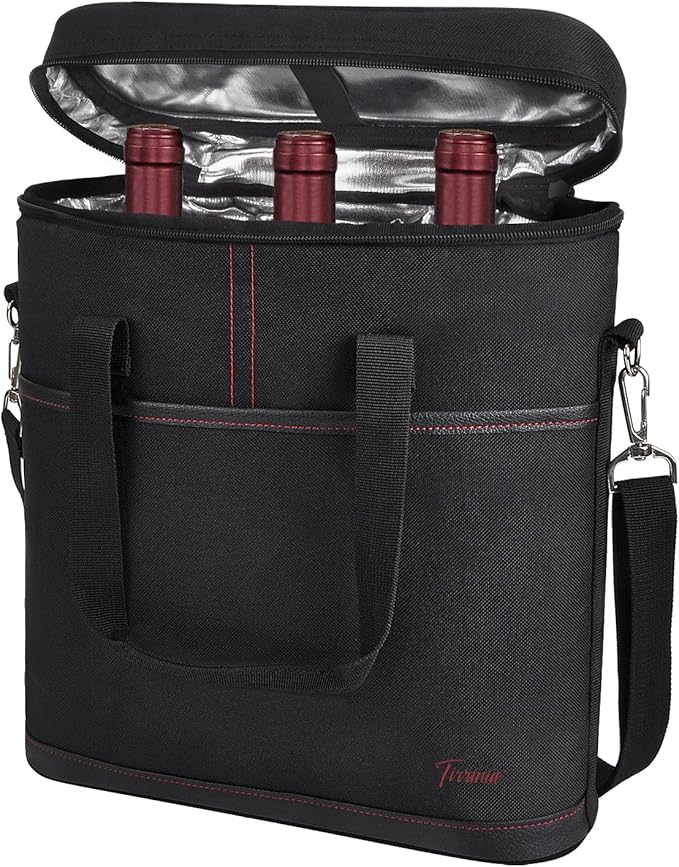 Tirrinia Insulated Wine Gift carrier - 3 Bottle Travel Padded Wine Carry Cooler Tote Bag with Handle and Adjustable Shoulder Strap, Black
