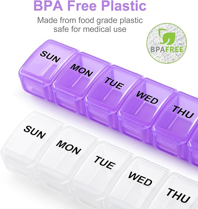 Small Pill Organizer 2 Times a Day, 2 Pack 7 Day Pill Box 1 Time a Day, Travel Friendly Day Night Vitamin Organizer, Weekly Pill Case Container
