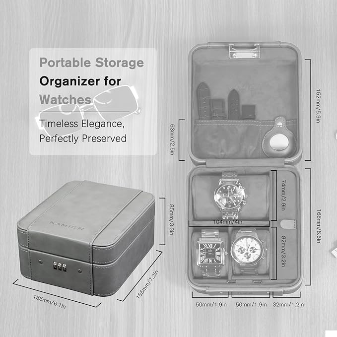 KAMIER Watch Case with Combination Lock - 4 Watch Storage and Jewelry Organizer - Watch Travel Case for Ring and Watch Storage, PU Leather Travel Watch Case, Ideal for Gift (With Gift Box), Grey