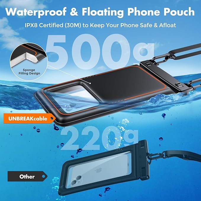 UNBREAKcable [UP to 9.5" Extra Large Waterproof Phone Pouch Floating [Sponge Cushion] IPX8 Phone Case Dry Bag for iPhone 16 15 14 Pro Max Samsung S25, Travel Kayaking Beach Essentials - 2 Pack Black