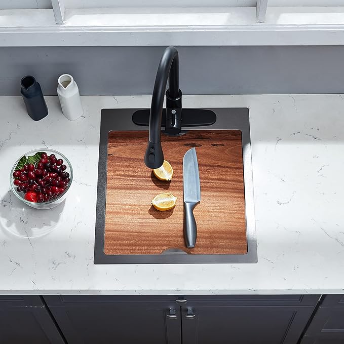 Kitchen Sink, 17 x 19 Inch Drop in Bar Sink Gunmetal Black Stainless Steel Workstation Sink Topmount Kitchen Sink Single Bowl with Cutting Board