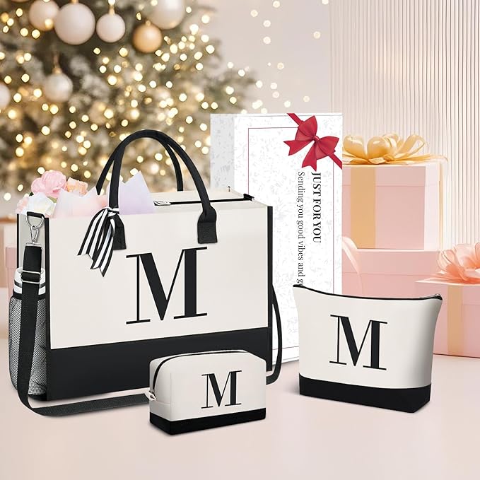 BAGAIL Initial Tote Bag, Personalized Birthday Gifts for Women, Teacher, Friends, Mom, Wedding, Monogrammed Beach Bag