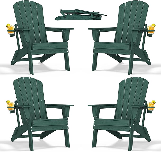 Folding Adirondack Chair - Extended Ergonomic Backrest, Cup Holder - Easy Assembly - Durable HDPE Plastic, Weather Resistant & Maintenance-Free - Lawn, Patio, Deck Supports 380lbs Green