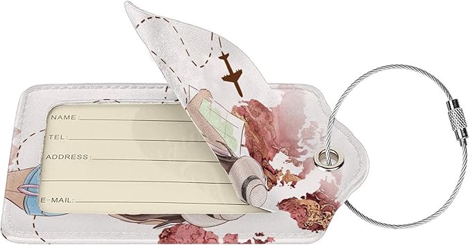 2 Pack Luggage Tags for Suitcase,Travel Girl PU Leather Travel Luggage Tag with Privacy Flap, Name ID Label and Metal Loop for Women Men Suitcase Baggage Bag Backpack