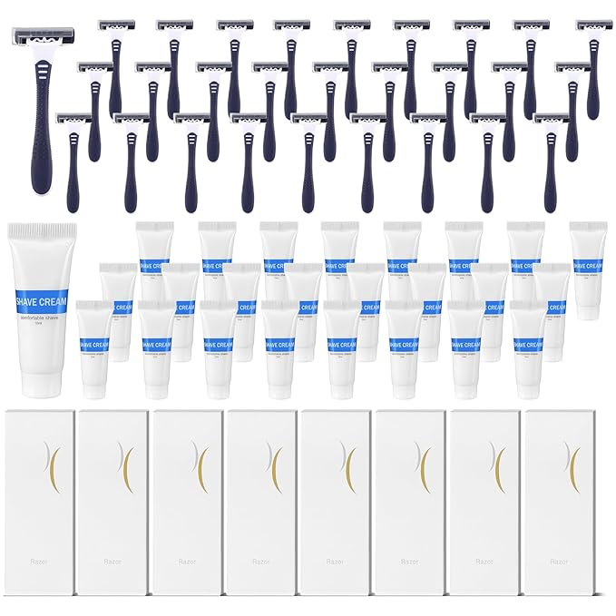 Hushee Shave Kit Bulk Travel Shaving Cream Disposable Twin Blade Razors and Cream Individually Wrapped Smooth Razor with Clear Cap Toiletries for Hotel Shelter Camping Travel Homeless (150)