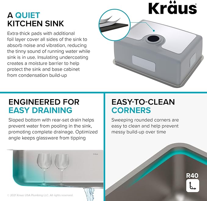 KRAUS Dex 25-Inch Undermount Single Bowl TRU16 Gauge Stainless Steel Kitchen Sink with DrainAssure WaterWay and VersiDrain Assembly in Radiant Pearl Finish, KD1US25B