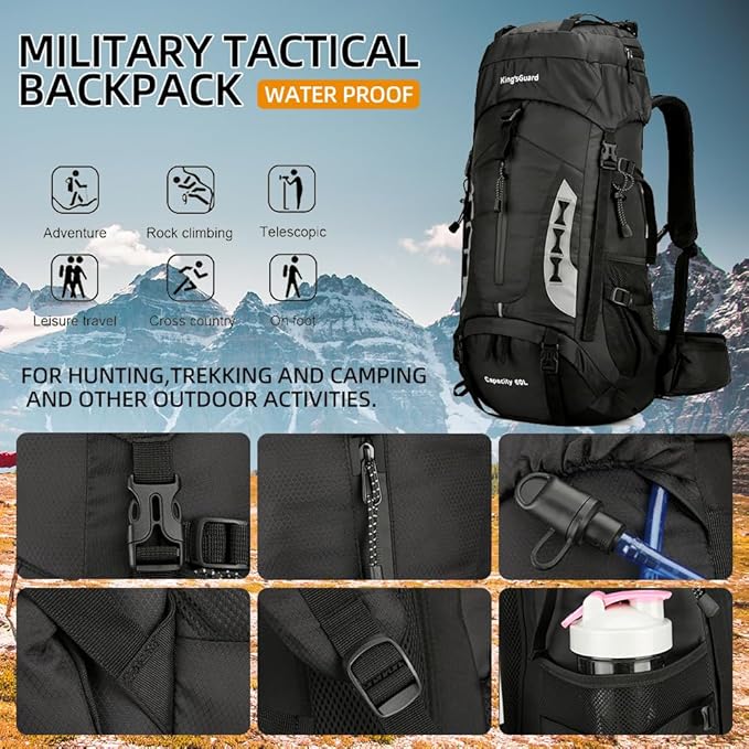 King'sGuard 60L Hiking Backpack Lightweight Camping Backpack with Rain Cover Large Waterproof Packable Outdoor Trekking Travel Backpack for Men Women (Black)