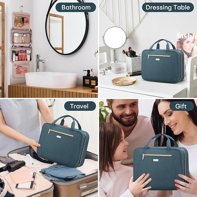 Hanging Toiletry Bag for Women Travel, 2 Sizes Large & Small Waterproof Cosmetic Organizer with 4 Compartments, Rotating Hook, Foldable Pink Travel Bag for Toiletries & Makeup Medium Lake Blue