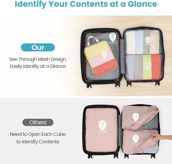 Cambond Compression Packing Cubes for Travel - 7 Set Multi-color See Through Mesh Compression Cubes for Travel Essentials, Space Saving Luggage Packing Organizers Bags for Carry on Suitcases
