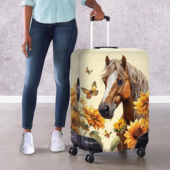 Horse Luggage Cover Universal Zip Suitcase Covers Elastic Spandex Fabric Baggage Cover Protector Butterfly Luggage Covers for Suitcase Non-Slip Baggage Case Covers(Sunflower), 22-25 Inch