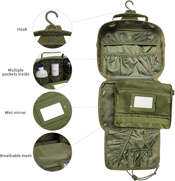 Travel Toiletry Bag for Men, Hanging Toiletry Bag, Portable Organizer Dopp Kit Shaving Bag for Toiletries Tactical Accessories Essentials - Army Green