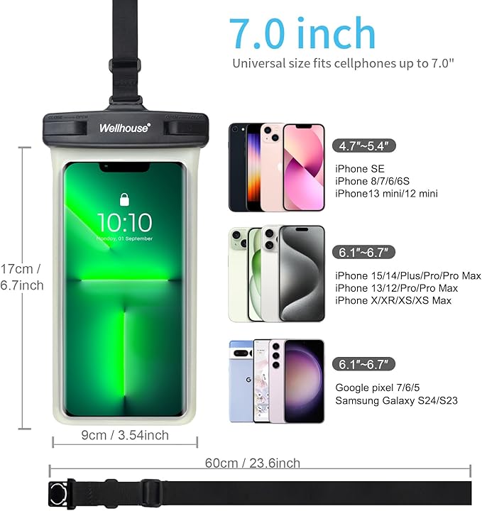 wellhouse Waterproof Phone Pouch, Waterproof Phone Case for iPhone 16 15 14 13 12 Pro Max XS Samsung, IPX8 3D Cellphone Dry Bag Beach Essentials (1 Pack - Luminous Black7.0, 7 inch)