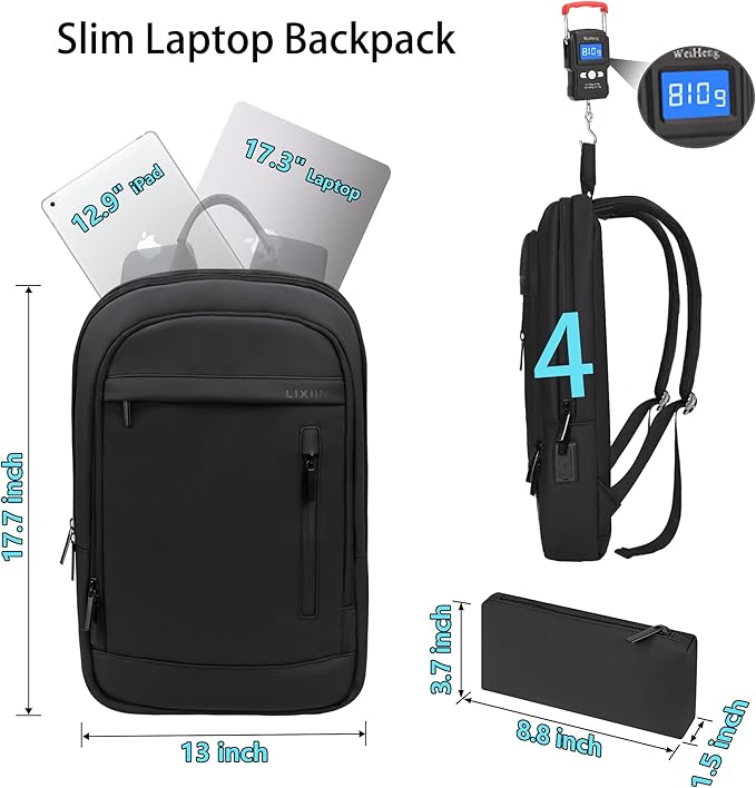 Business Backpack for Men Lightweight Commute Laptop Backpack Anti-Theft Water Resistant Backpack for 17.3 Inch Computer for Daily Office Work with Small Bag(Black)