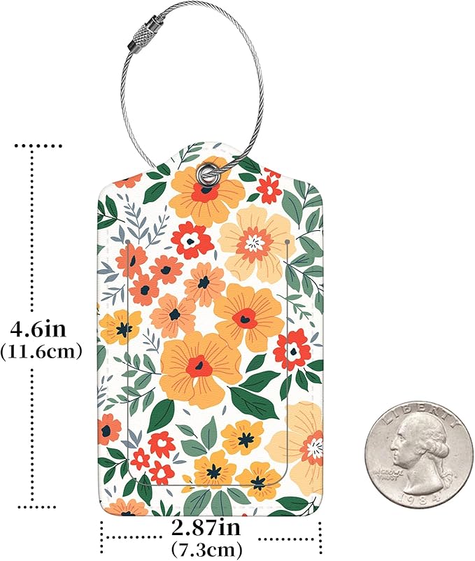 2 Pcs Luggage Tags for Suitcase, Cute Unique PU Leather Travel Bag Tag with Privacy Cover ID Label Address Card and Durable Metal Ring Suitable for Men Women Children Backpack,Yellow Flower